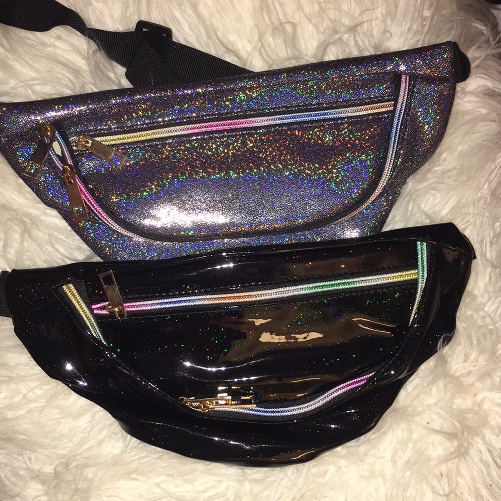 2 brand new glossy black  & holo Fanny packs